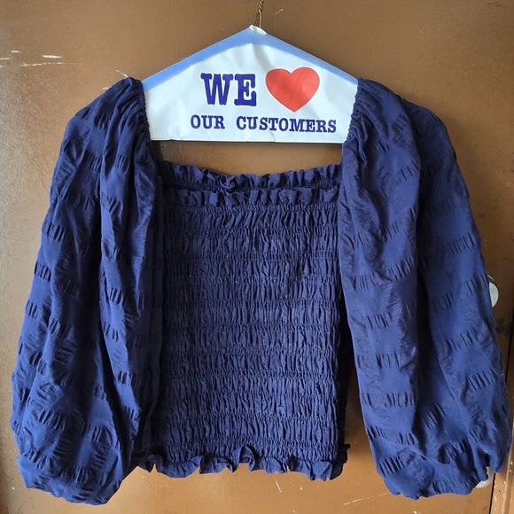 Maeve Tops - Maeve Blue Smocked Puffed Sleeve Blouse
